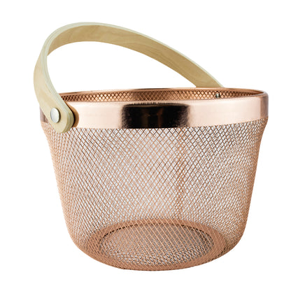Cesta Metálica Oro Rosa Asa De bambú - Redonda