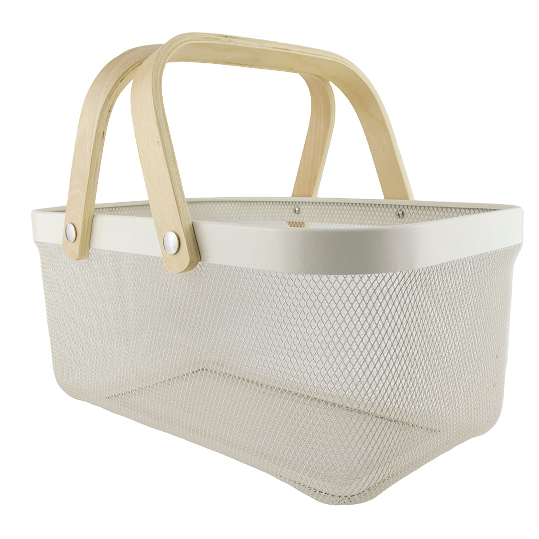 Cesta Metálica Blanca Asa De bambú - Rectangular