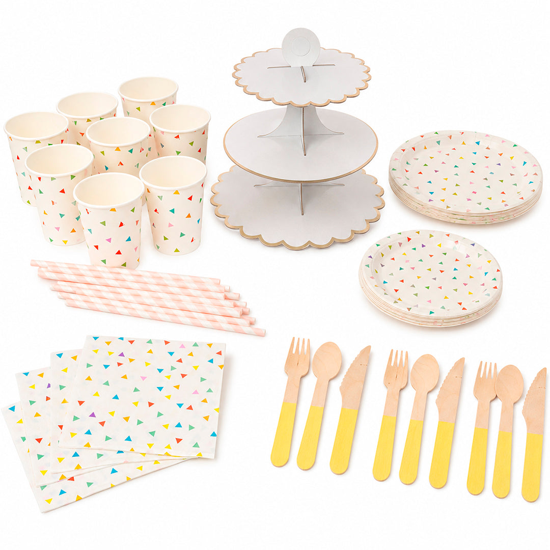 Kit de Fiesta Confeti Multicolor: Platos, Vasos, Cubiertos, Popotes, Servilletas y Decoración