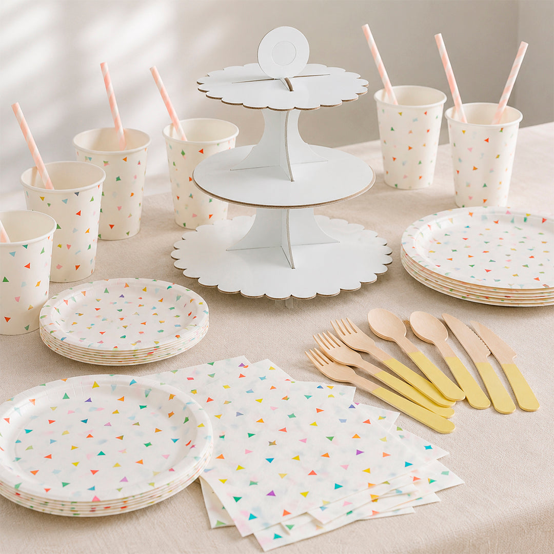 Kit de Fiesta Confeti Multicolor: Platos, Vasos, Cubiertos, Popotes, Servilletas y Decoración