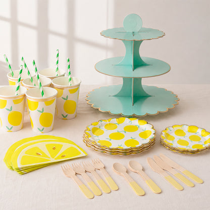 Kit de Fiesta Citrica Limon: Platos, Vasos, Cubiertos, Popotes, Servilletas y Decoración