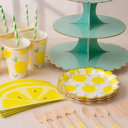 Kit de Fiesta Citrica Limon: Platos, Vasos, Cubiertos, Popotes, Servilletas y Decoración