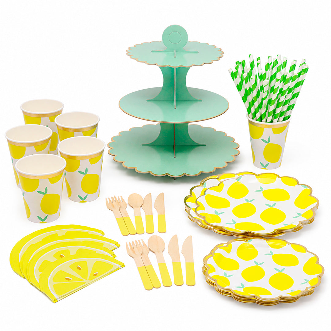 Kit de Fiesta Citrica Limon: Platos, Vasos, Cubiertos, Popotes, Servilletas y Decoración