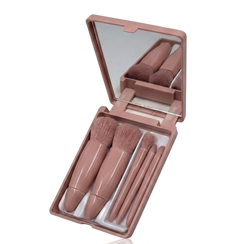 Set de Brochas de Maquillaje Portátil de 5 Piezas con Estuche y Espejo Variocolor
