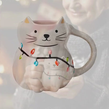 Taza Gato Luces Navideñas - Cerámica 470 ml.